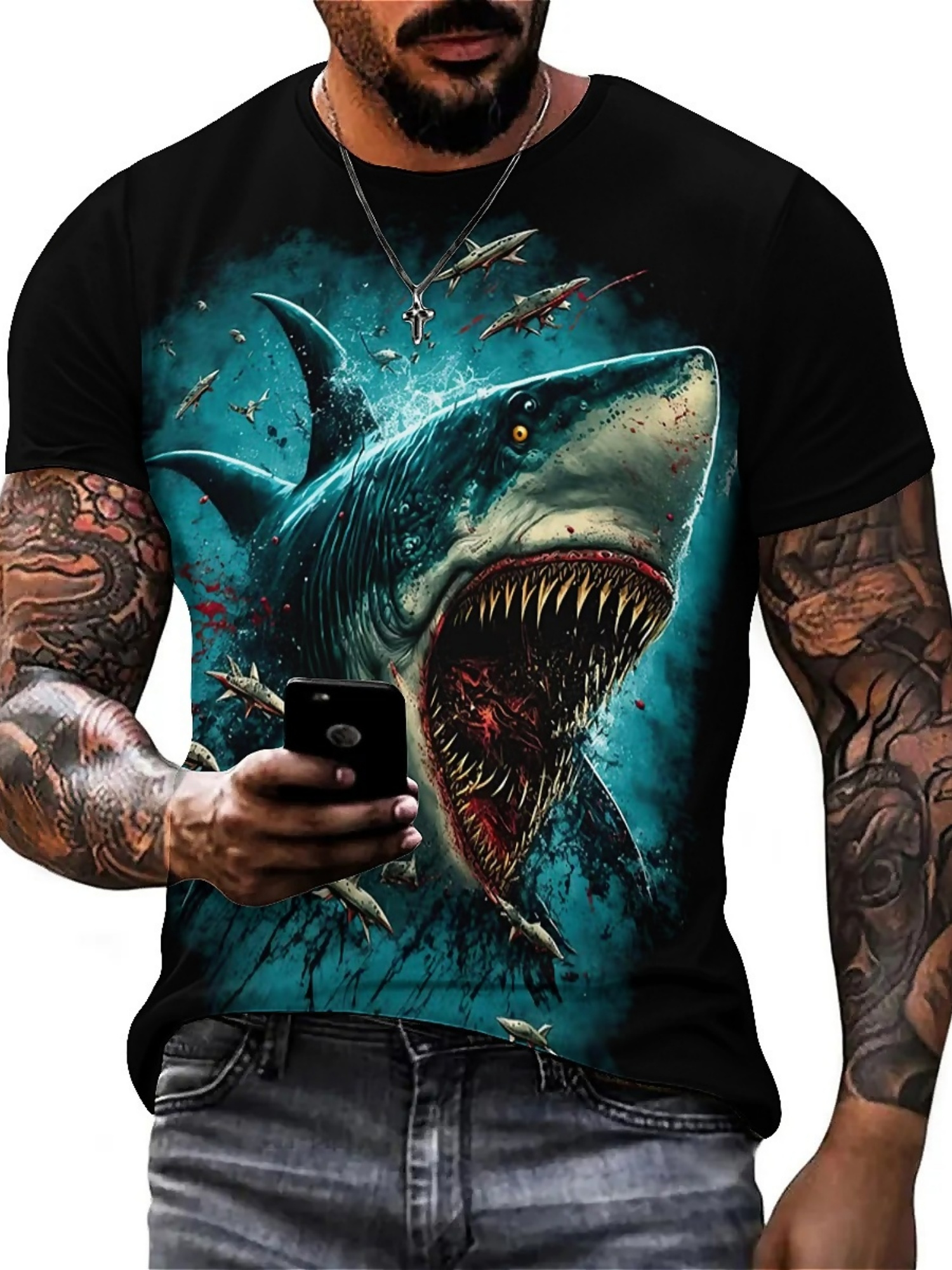 3D Printing Design Free - Men's 3D Shark Print T-Shirt -