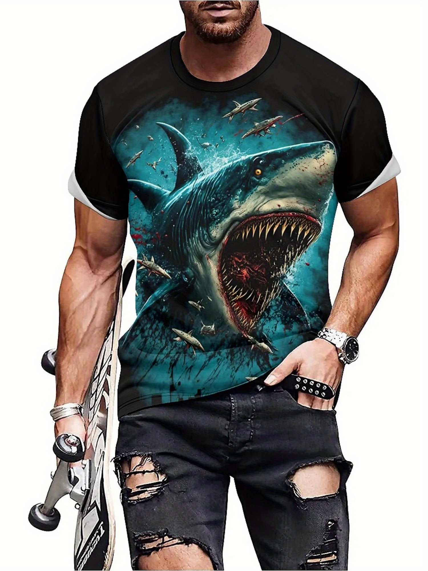 Men's 3D Shark Print T-Shirt - - 3D Printing Design Free recensione e prezzo